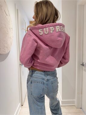 Supreme Pink Cropped Teddy Hoodie with Raised Logo